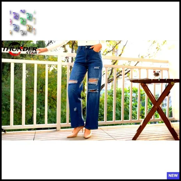High Waisted Wide Leg Jeans Stretchy Distressed Denim Pants Y2K Retro